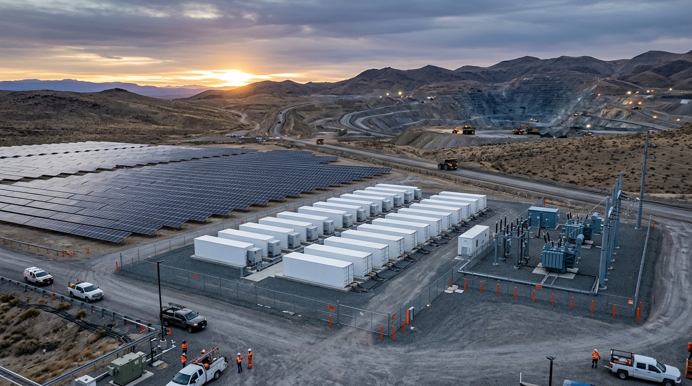Photorealistic aerial view of a mining microgrid project with solar panels, battery storage containers and a substation at a remote mine site at dusk