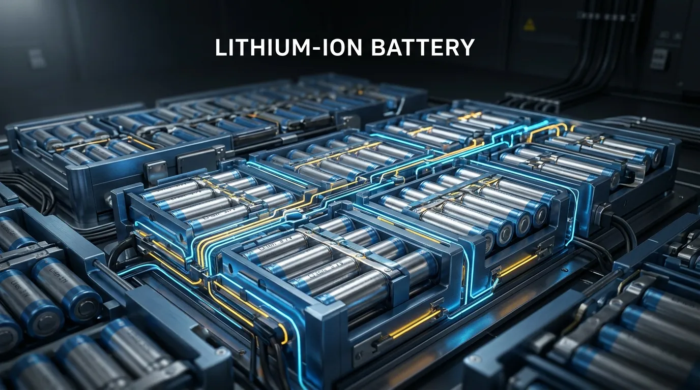 3D render of lithium-ion battery cells with blue energy pulses, illustrating industrial energy storage technology