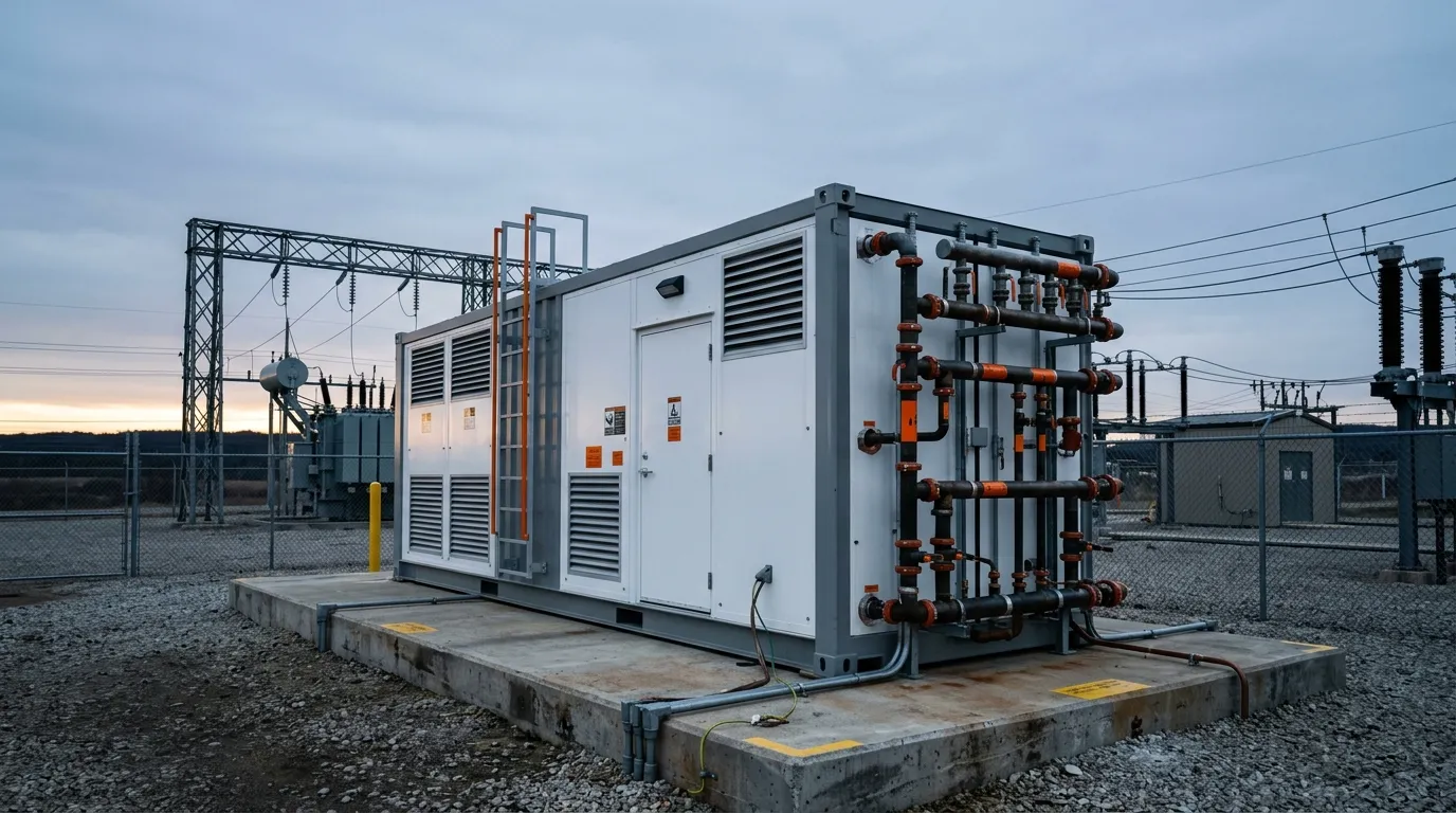 Photorealistic render of a large liquid-cooled battery storage cabinet in an outdoor utility setting, blue-gray palette with safety-orange accents