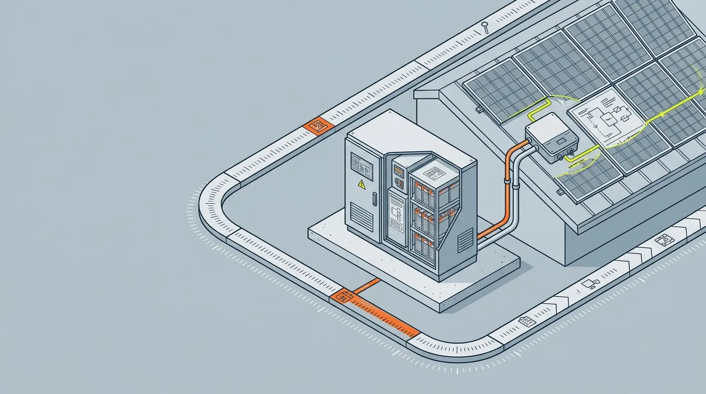Isometric illustration of a 7-day fast solar storage retrofit timeline, with a battery cabinet added to an existing rooftop PV system