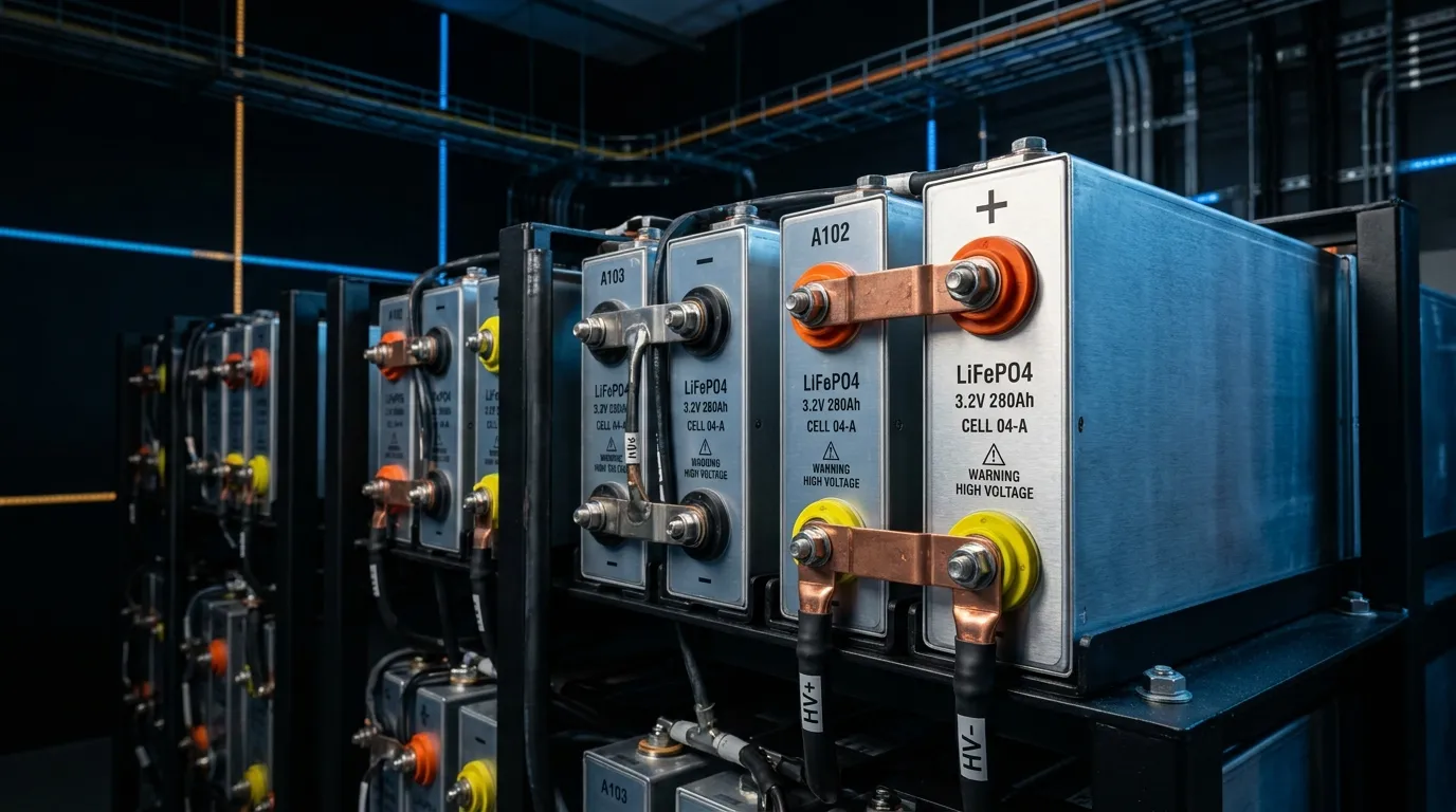 LiFePO4 prismatic battery cell on dark technical background with energy grid pattern, illustrating advanced lithium iron phosphate energy storage technology