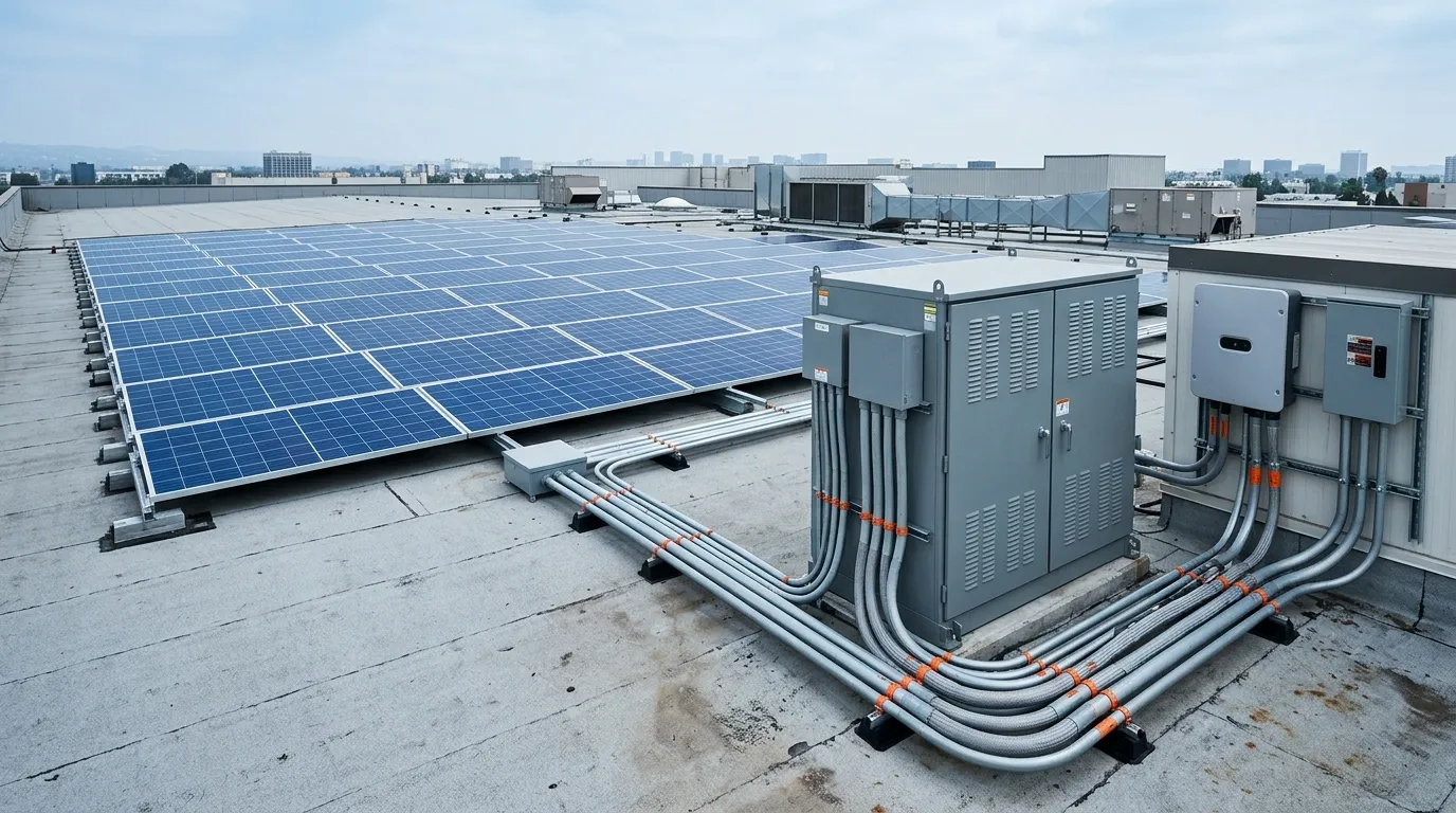 Technical view of an existing rooftop solar array connected to AC- and DC-coupled battery retrofit paths