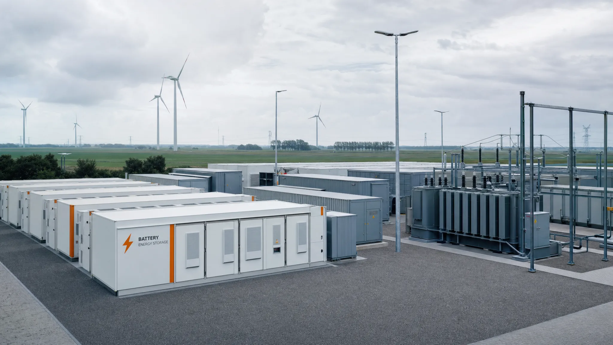 Utility-scale battery storage containers at a Dutch grid substation, with wind turbines on the horizon