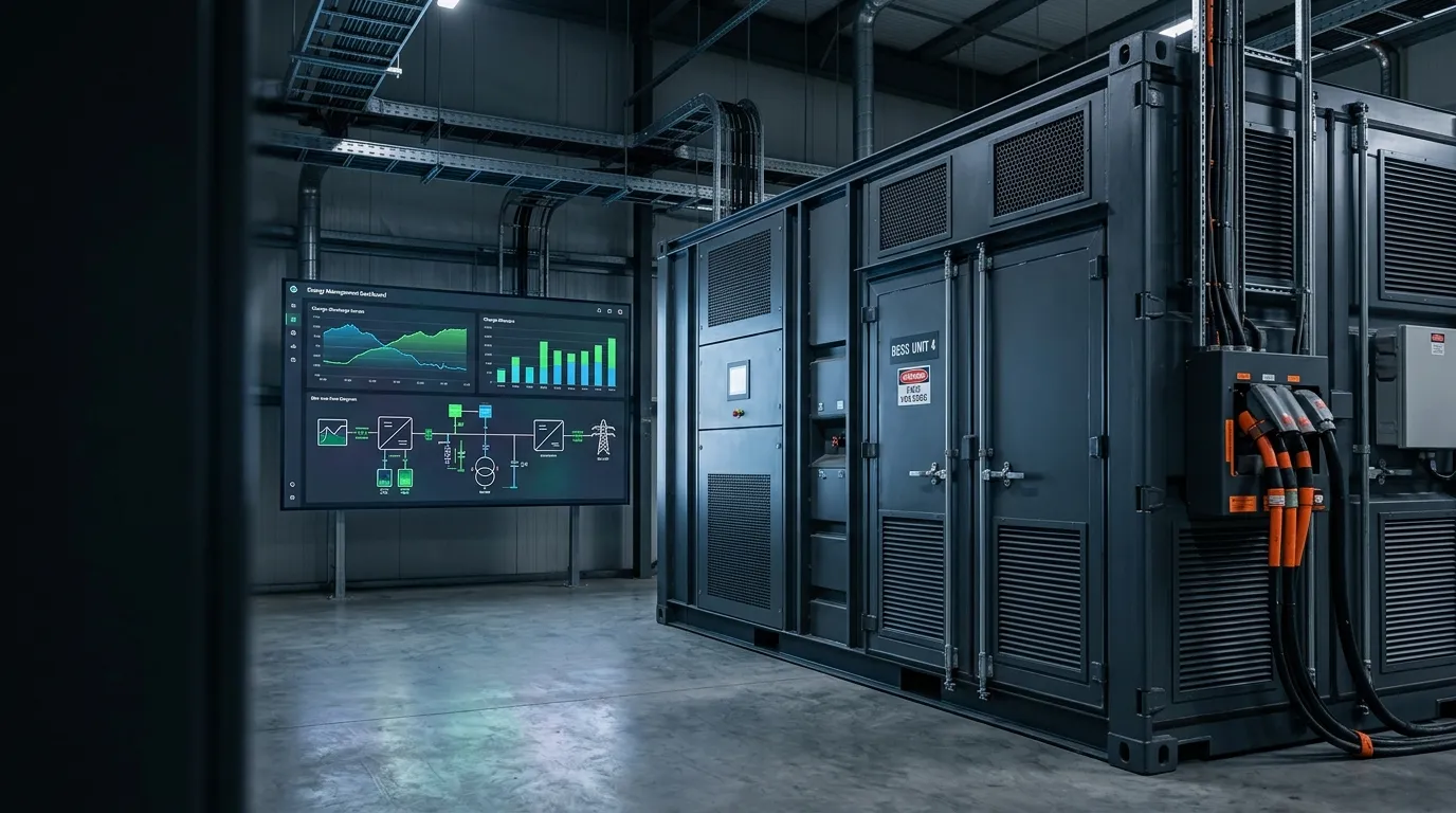 Photorealistic view of an industrial battery energy storage container with a live energy management system dashboard in the foreground
